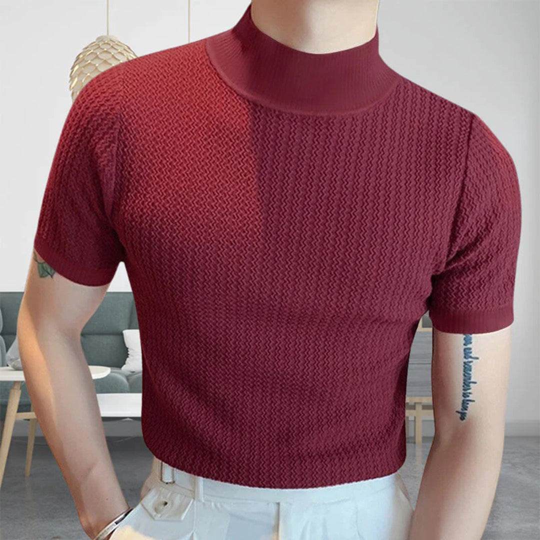 Men's High-Neck Sweater - Knitted Texture - Slim Fit - Short-Sleeved