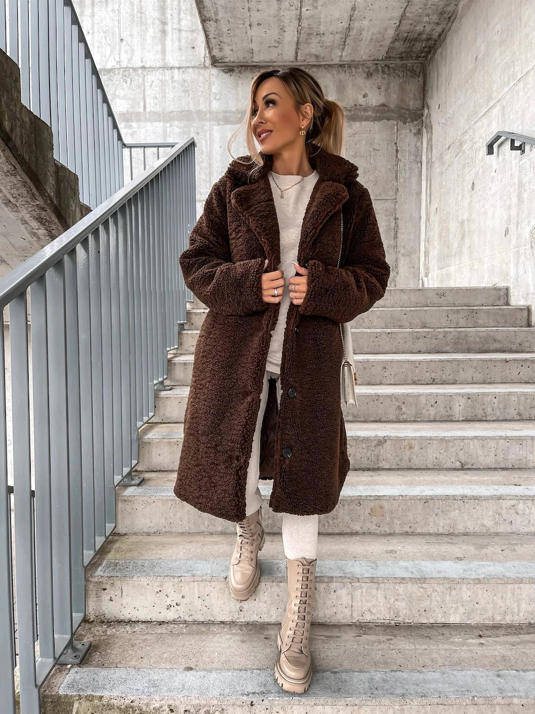 Women's Teddy Coat - Soft and Warm - Relaxed Fit - Mid-Length with Button Closure