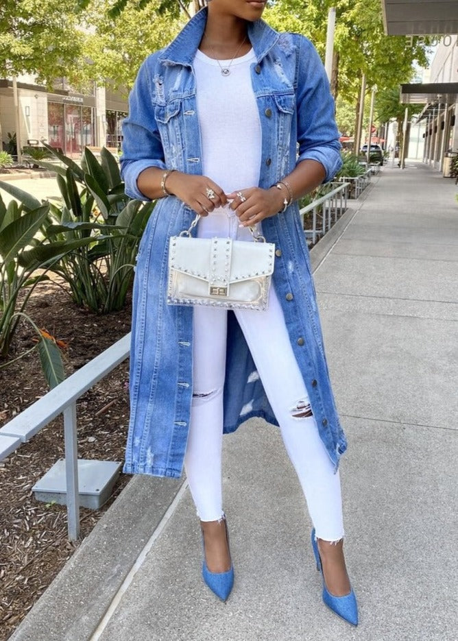 Women's Jacket – Oversized Denim – Knee-Length – Buttons and Pockets – Relaxed Fit