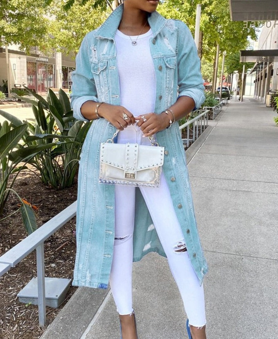 Women's Jacket – Oversized Denim – Knee-Length – Buttons and Pockets – Relaxed Fit