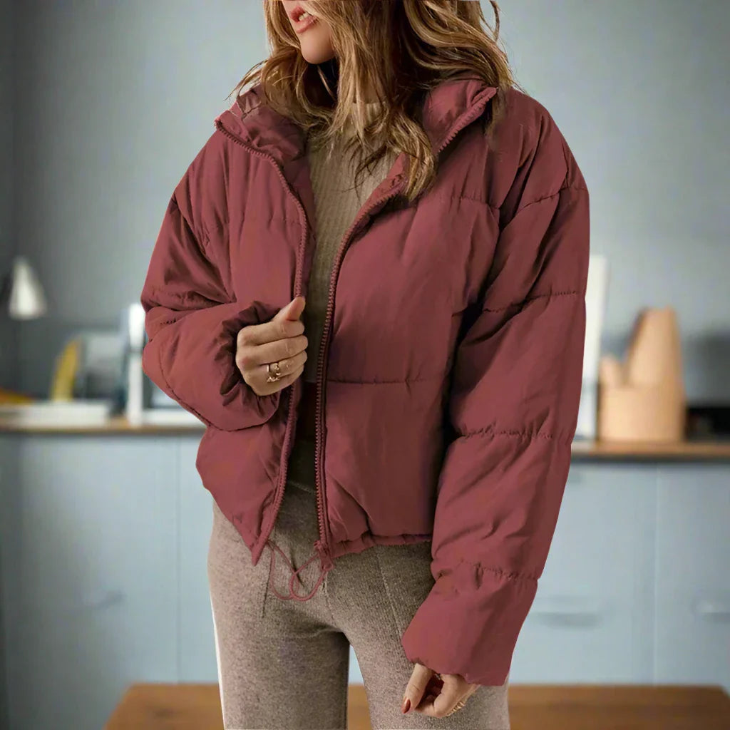 Women's Puffer Jacket - Short Length - High Collar - Zipper - Adjustable Fit