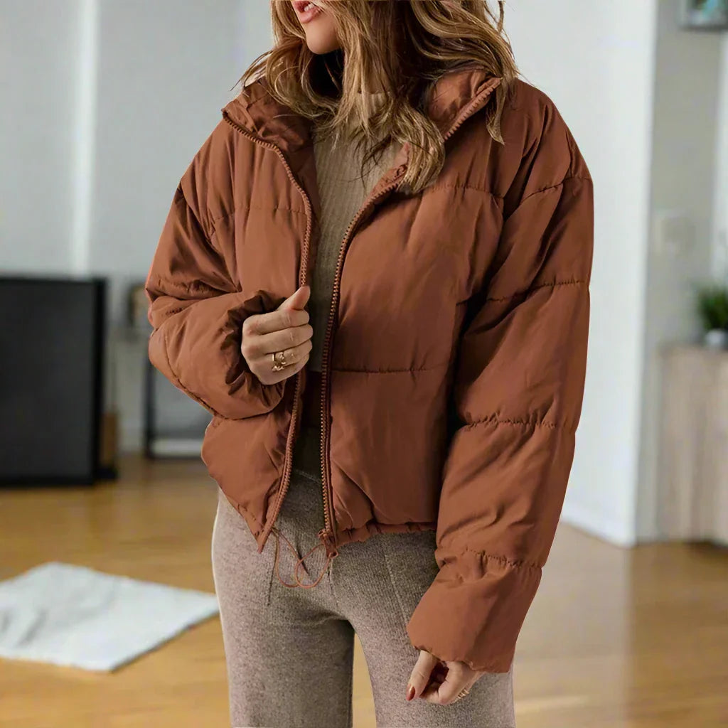 Women's Puffer Jacket - Short Length - High Collar - Zipper - Adjustable Fit