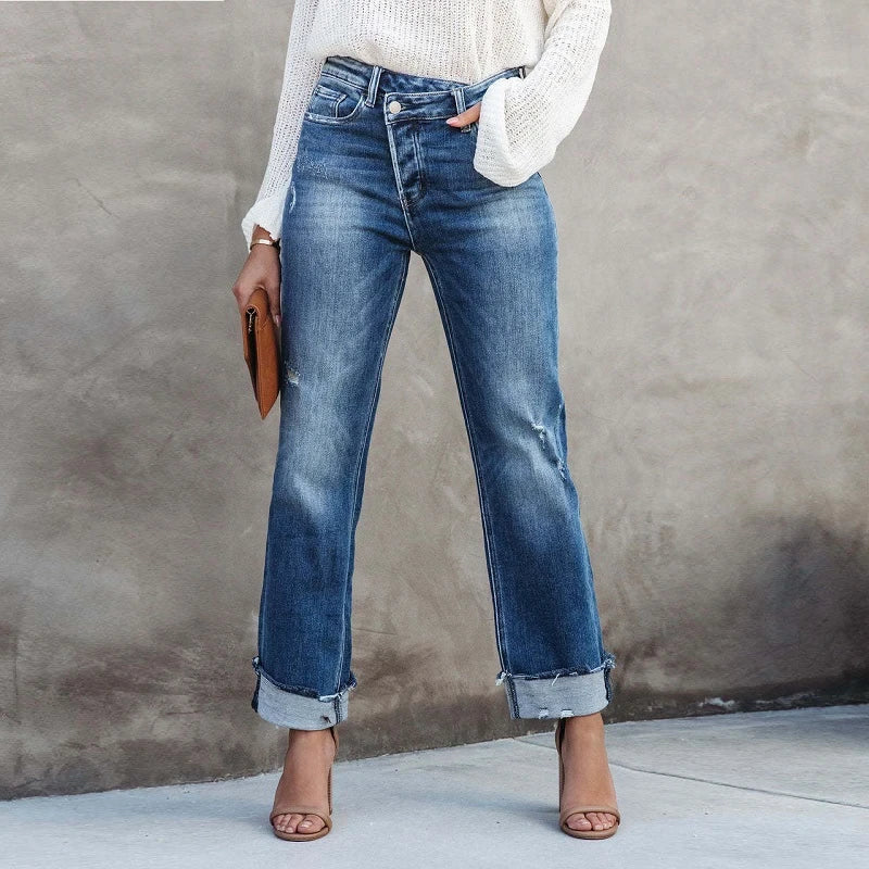 Women's Jeans – Straight Fit – High Waist – Distressed Details – Rolled Hem