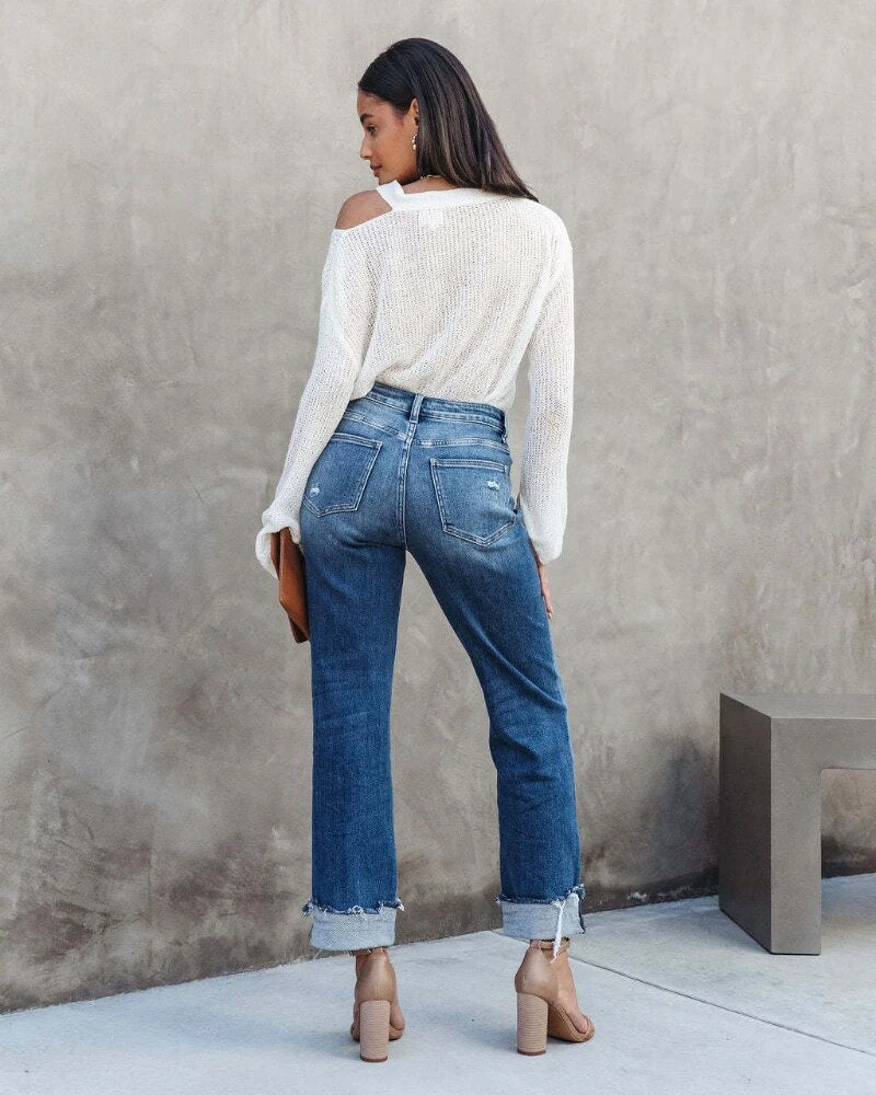 Women's Jeans – Straight Fit – High Waist – Distressed Details – Rolled Hem