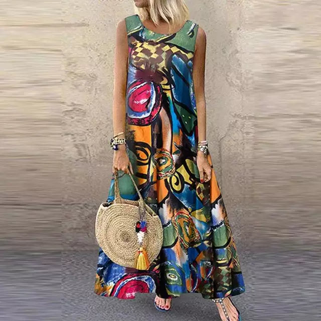 Women's Maxi Dress - Sleeveless Loose Fit - Round Neck - Airy and Comfortable