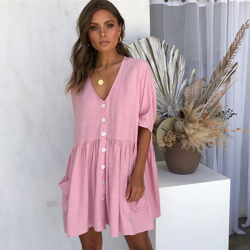 Women's Dress - Comfortable A-Line Fit - V-Neck - Short Sleeves - Button Details - With Pockets