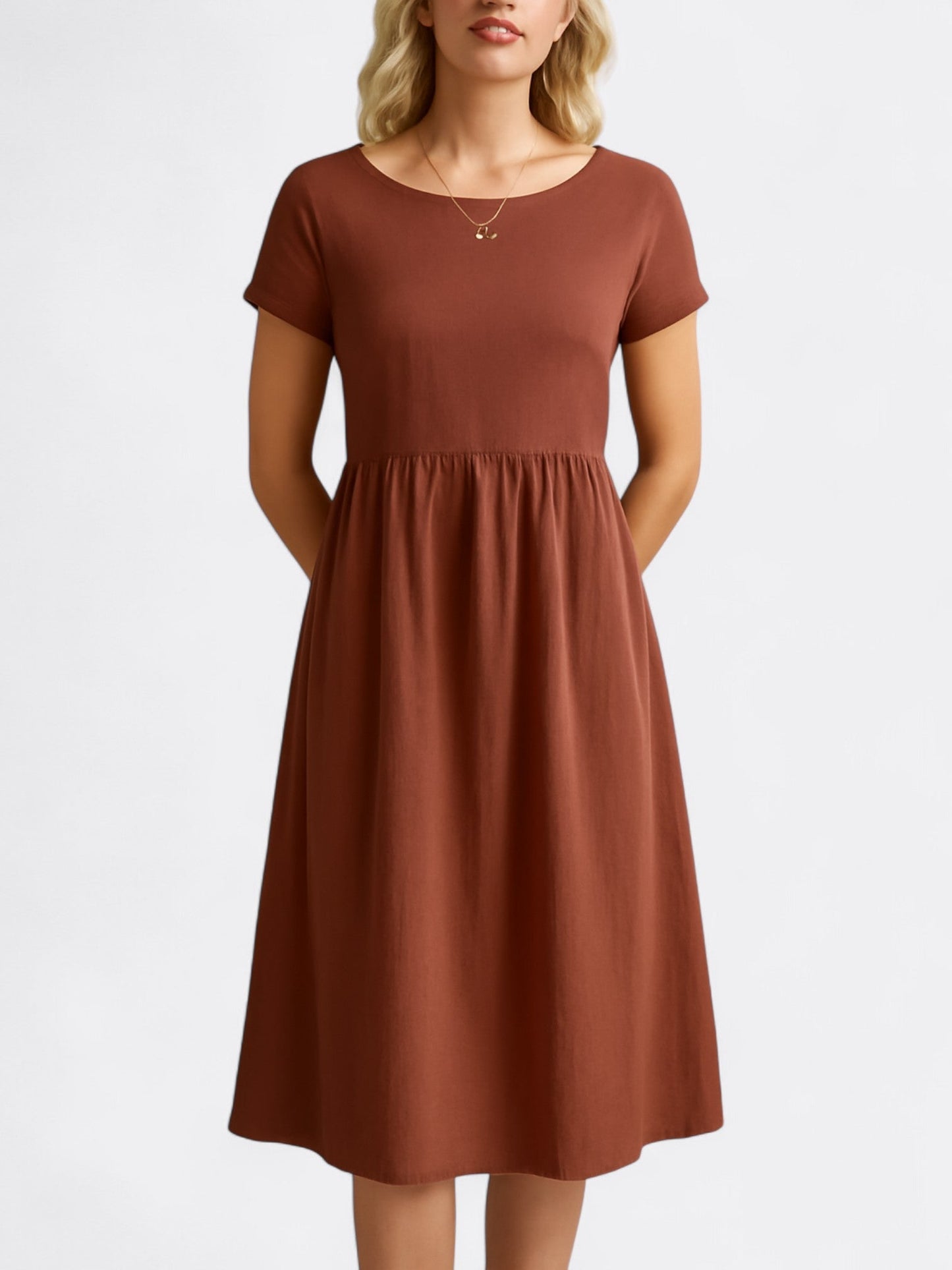 Dress woman – A-line fit – Soft drape – Short-sleeved – O-neck – Breathable fabric