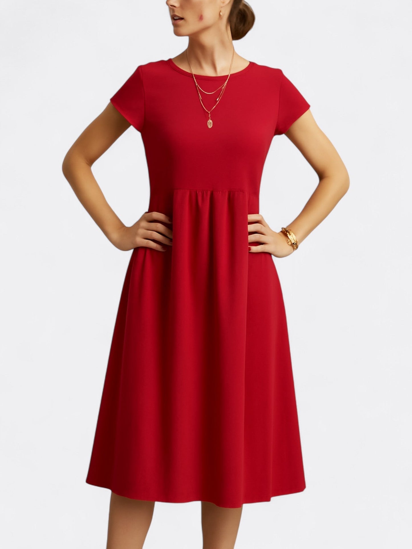 Dress woman – A-line fit – Soft drape – Short-sleeved – O-neck – Breathable fabric