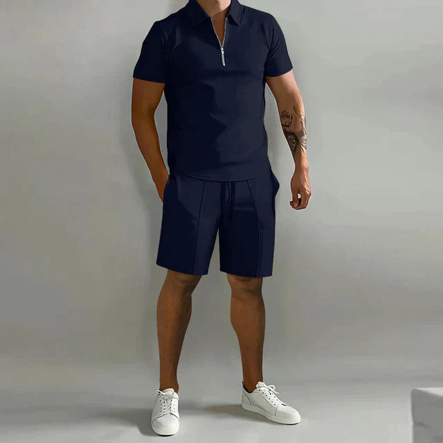 Men's Set with Polo and Shorts – Slim Fit Top – Elastic Waist – Breathable Fabric