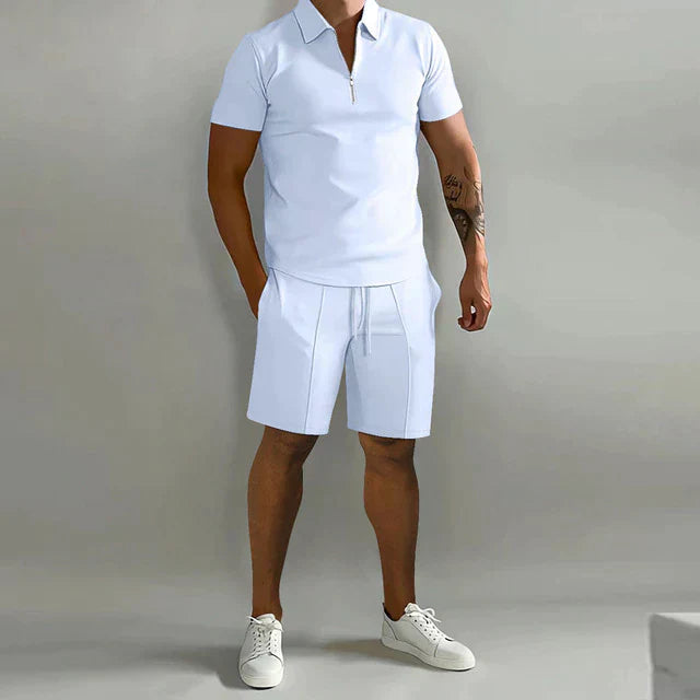 Men's Set with Polo and Shorts – Slim Fit Top – Elastic Waist – Breathable Fabric