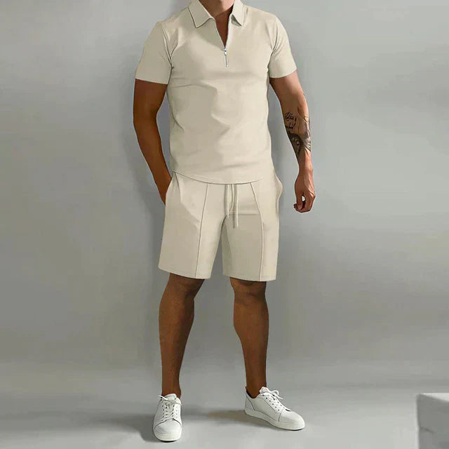Men's Set with Polo and Shorts – Slim Fit Top – Elastic Waist – Breathable Fabric