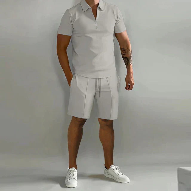 Men's Set with Polo and Shorts – Slim Fit Top – Elastic Waist – Breathable Fabric