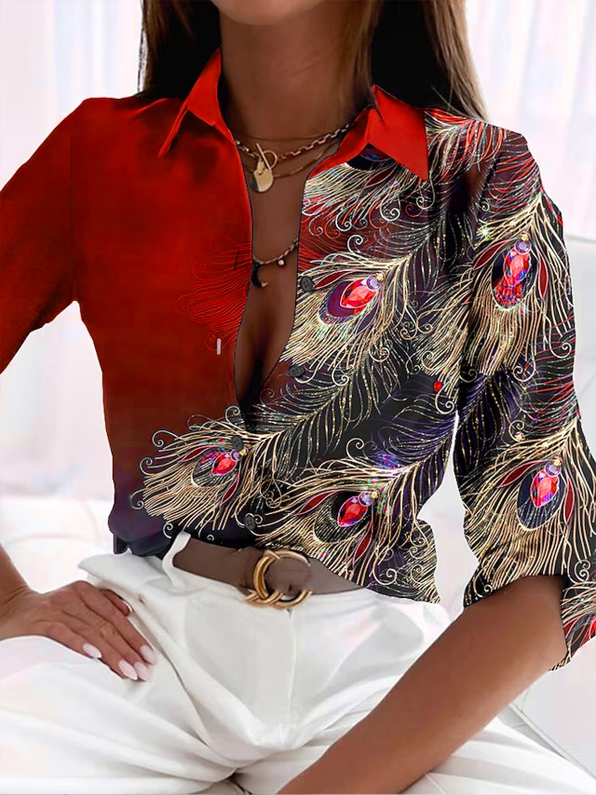 Women's Blouse – Fitted Silhouette – Luxurious Fabric – Feather Pattern – Deep V-Neckline