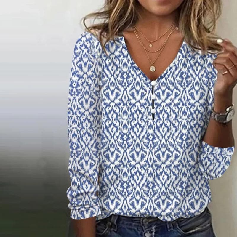 Women's Blouse – Geometric Pattern – V-neck with Decorative Buttons – Long Sleeves – Relaxed Fit