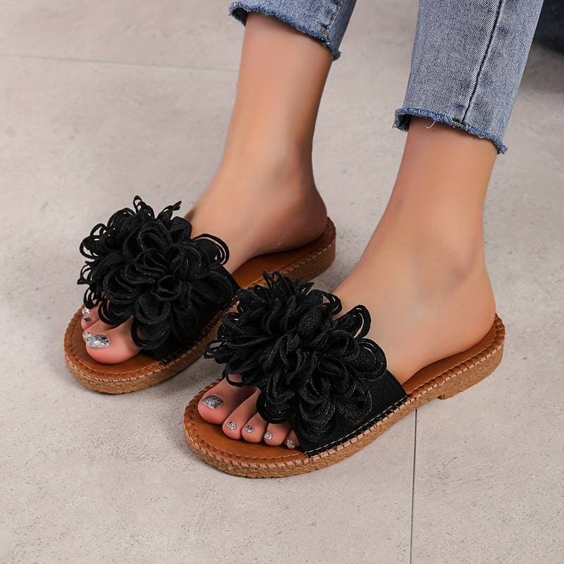 Women's Sandals - Comfortable Flat Sole - Floral Decoration - Casual and Stylish Design