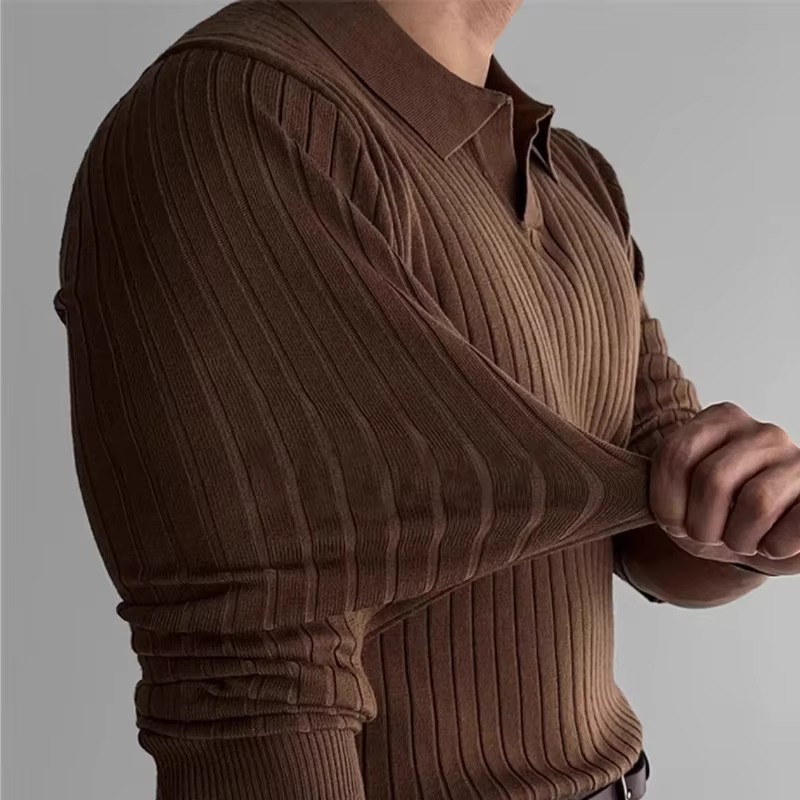Men's Polo Shirt - Ribbed Knit - Long Sleeve - Comfortable and Stylish