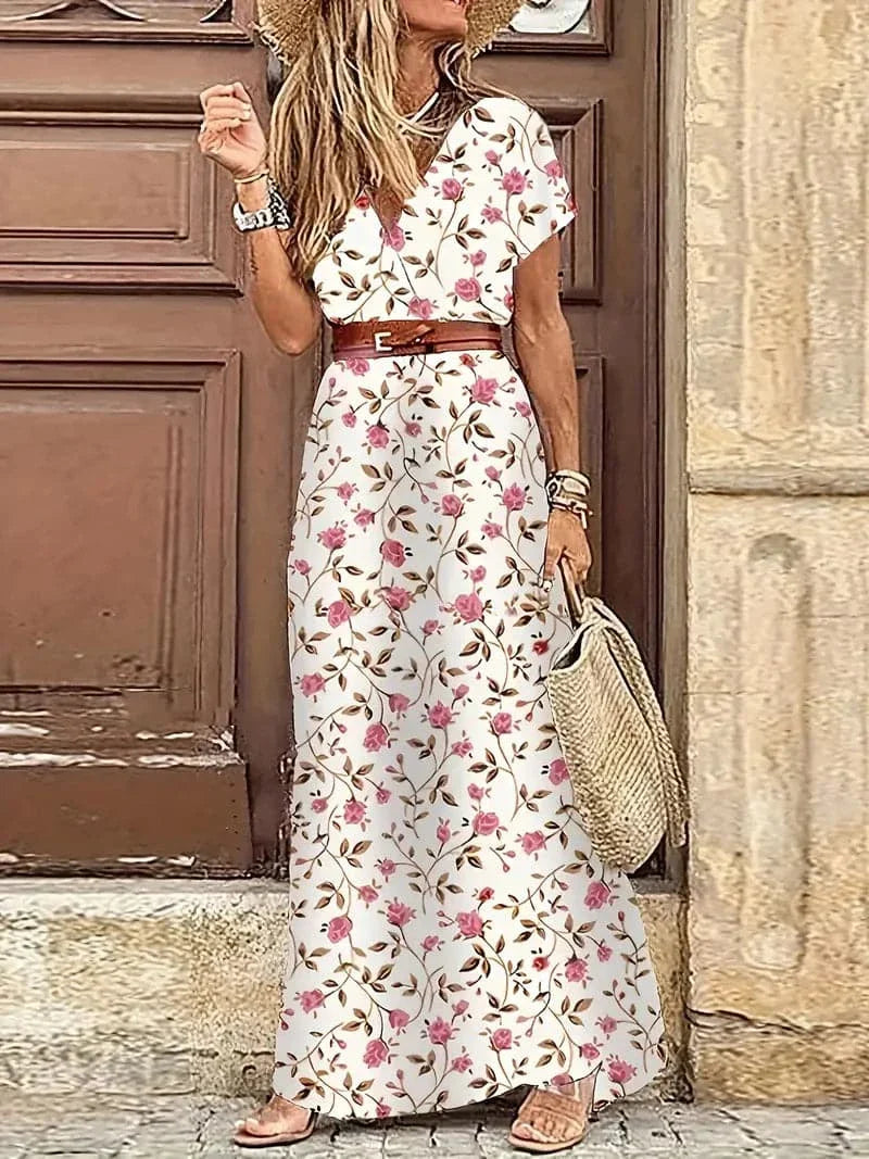 Women's Maxi Dress - Floral Pattern - V-Neck - Short-Sleeved - Belt at Waist