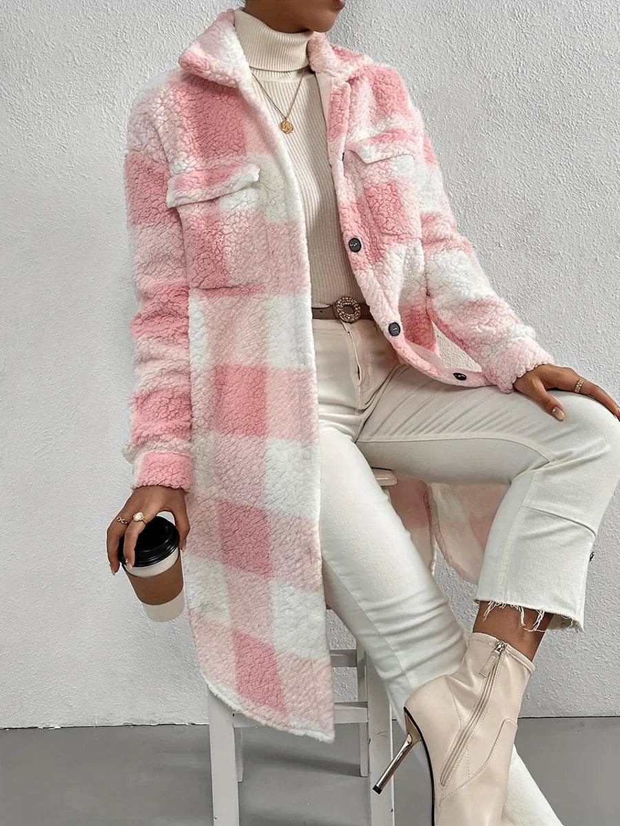 Women's Coat – Teddy Fleece – Oversized Fit – Checkered Pattern – Mid-Length