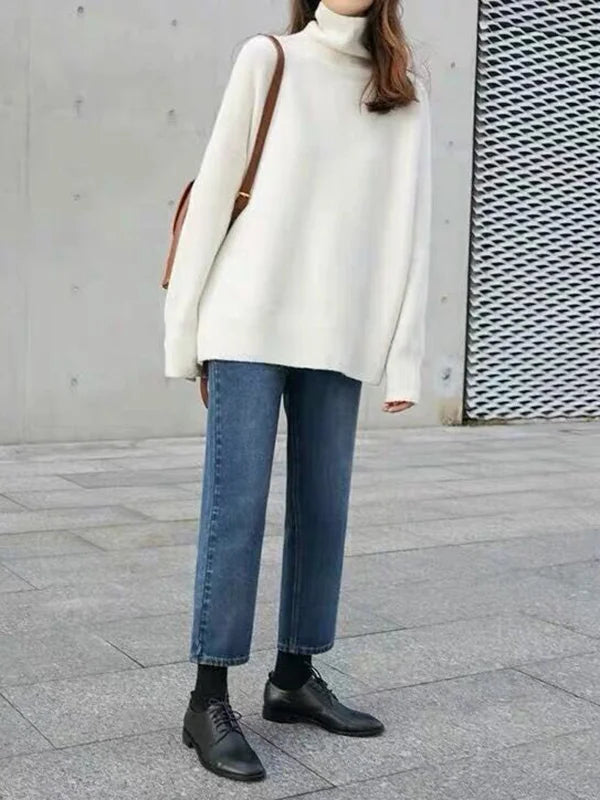 Women's Sweater with High Neck – Wool Blend – Relaxed Fit – Ribbed Knit – Hip Length