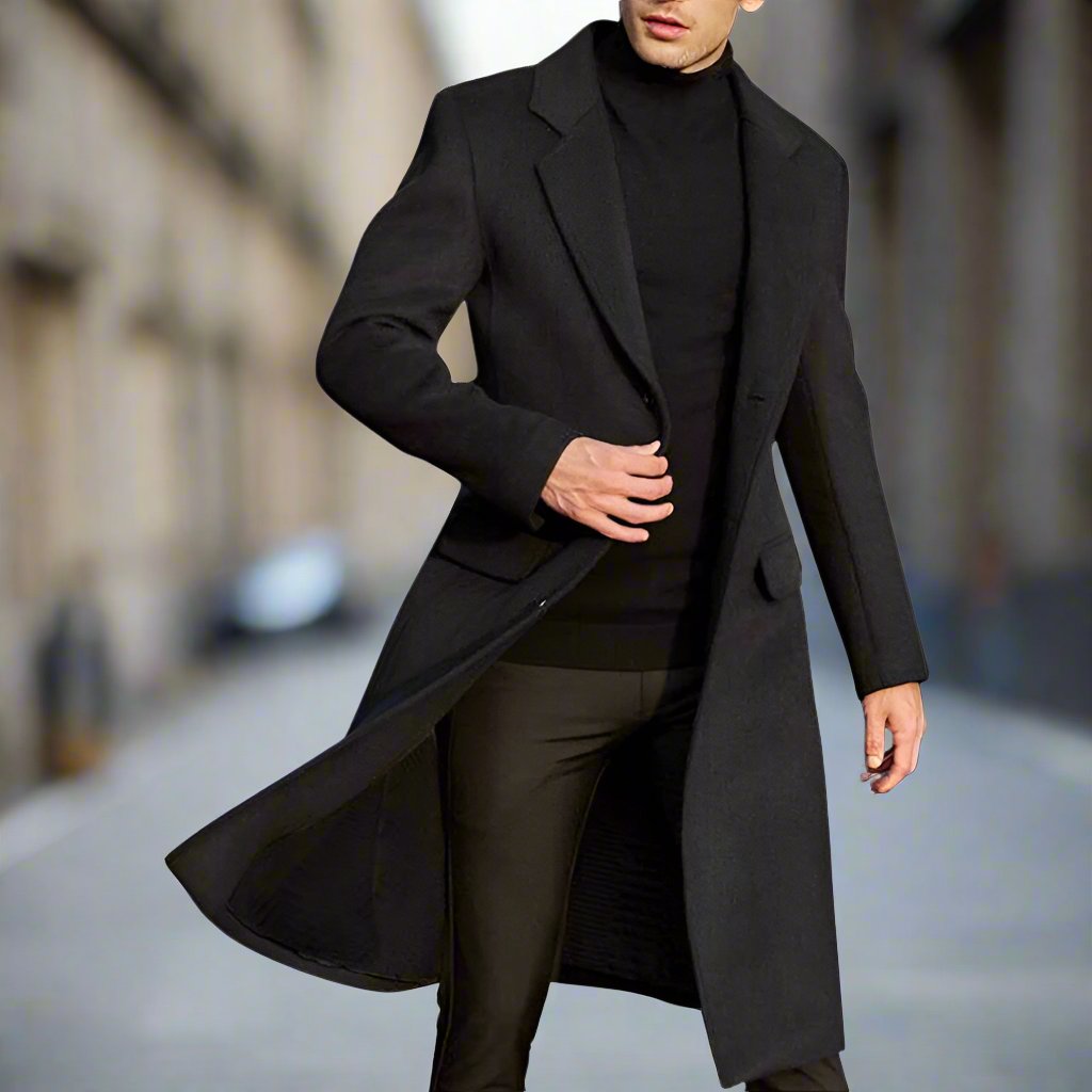 Men's Long Coat - Wool Blend - Tailored Fit - Single-Breasted with Button Closure
