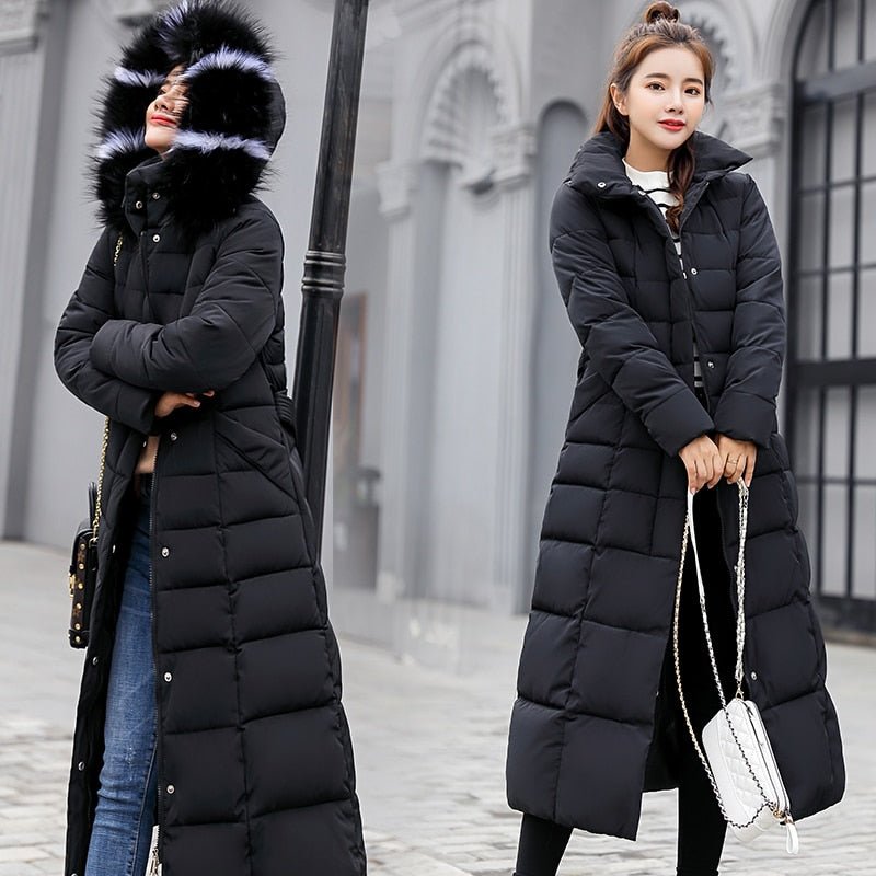 Women's Long Down Coat - Padded and Windproof - Detachable Hood with Faux Fur - Warm and Comfortable
