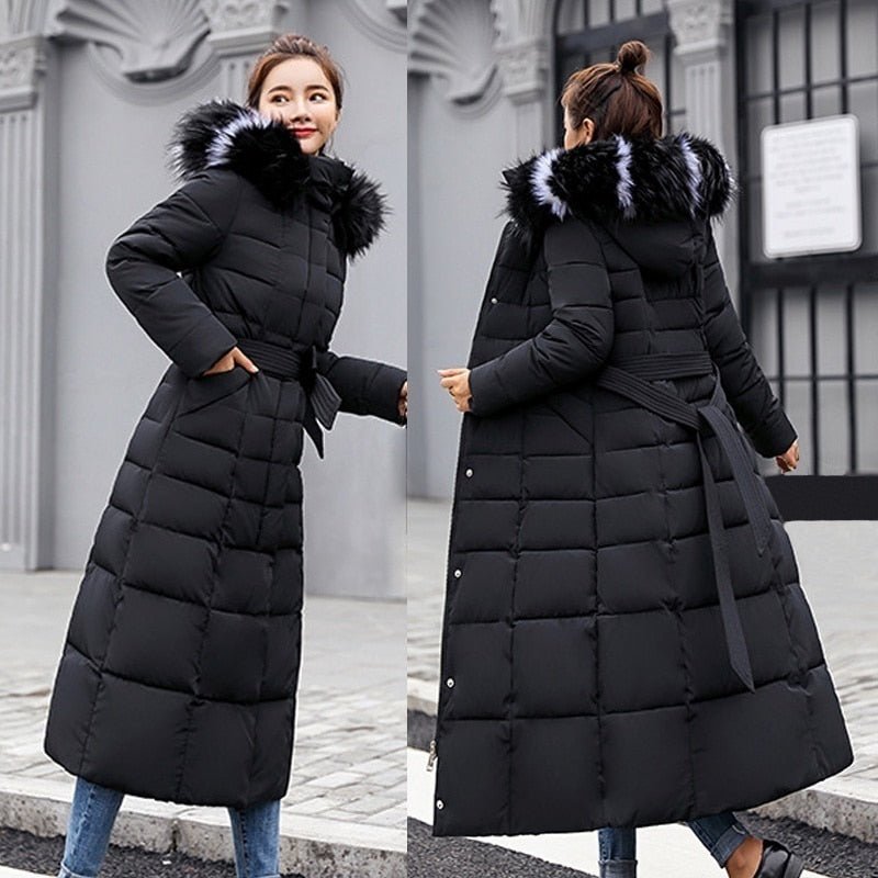 Women's Long Down Coat - Padded and Windproof - Detachable Hood with Faux Fur - Warm and Comfortable