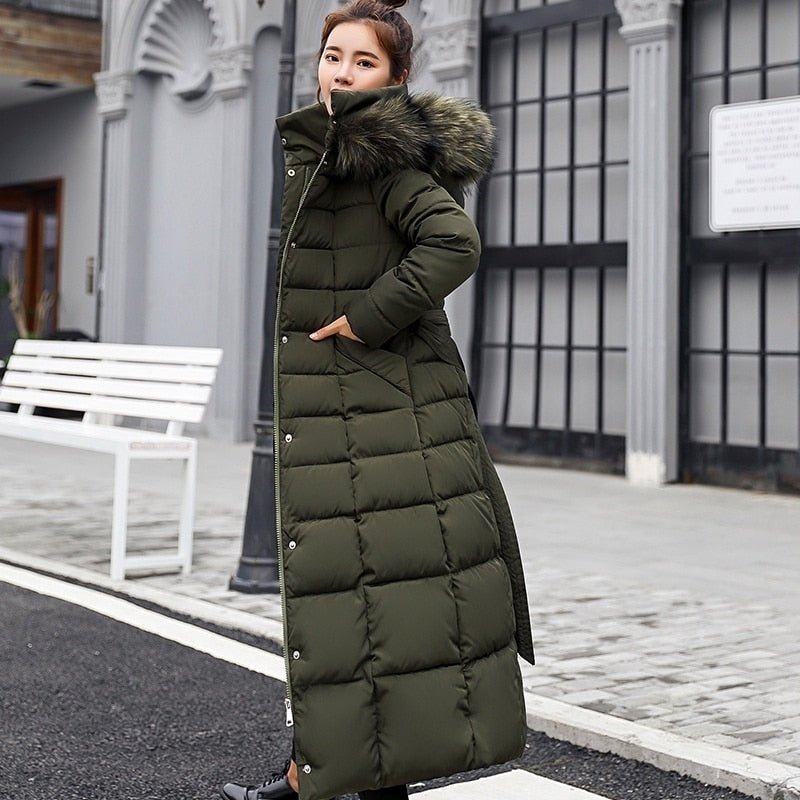 Women's Long Down Coat - Padded and Windproof - Detachable Hood with Faux Fur - Warm and Comfortable