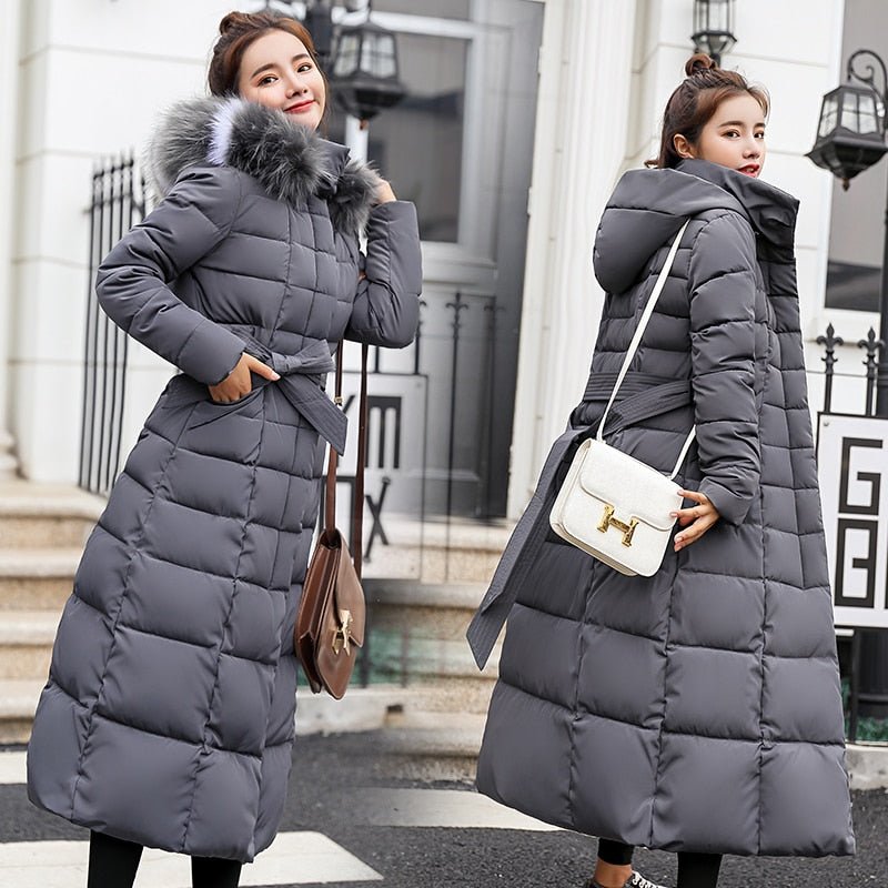 Women's Long Down Coat - Padded and Windproof - Detachable Hood with Faux Fur - Warm and Comfortable