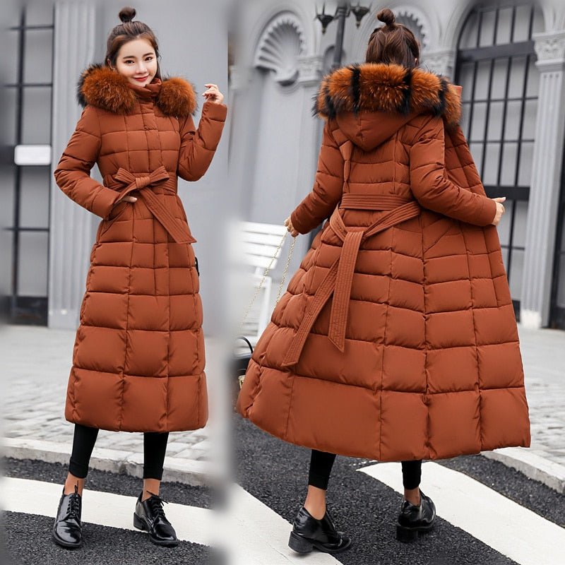 Women's Long Down Coat - Padded and Windproof - Detachable Hood with Faux Fur - Warm and Comfortable