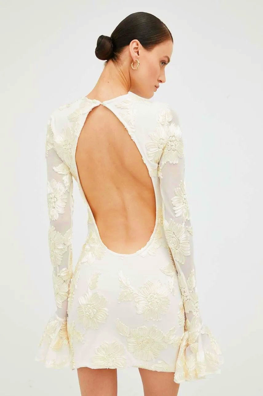 Women's Mini Dress – Fitted Silhouette – Floral Embroidery – Open Back – Flare Sleeves