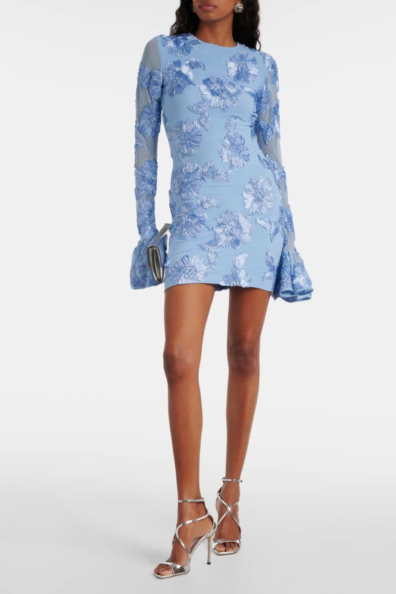 Women's Mini Dress – Fitted Silhouette – Floral Embroidery – Open Back – Flare Sleeves