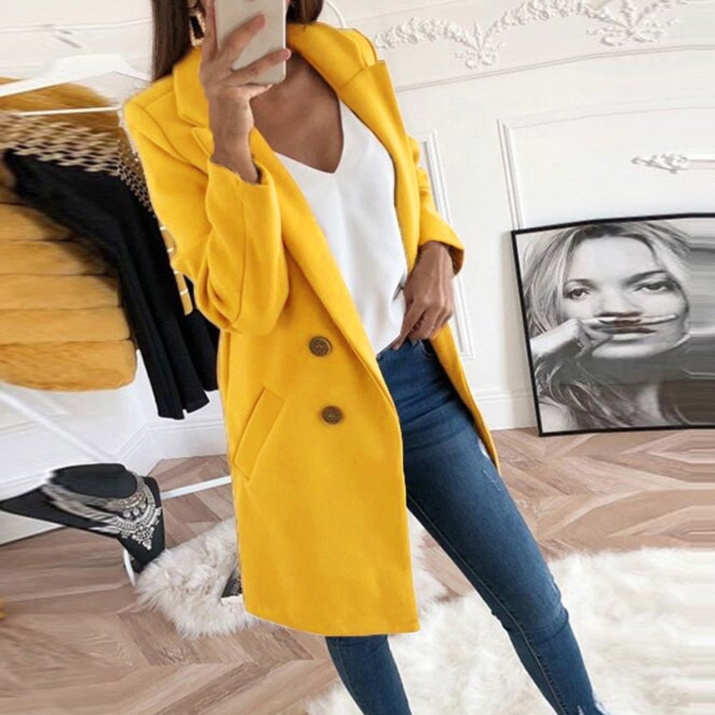 Women's Blazer Coat – Tailored Fit – Wool Blend – Double-Breasted – Knee-Length