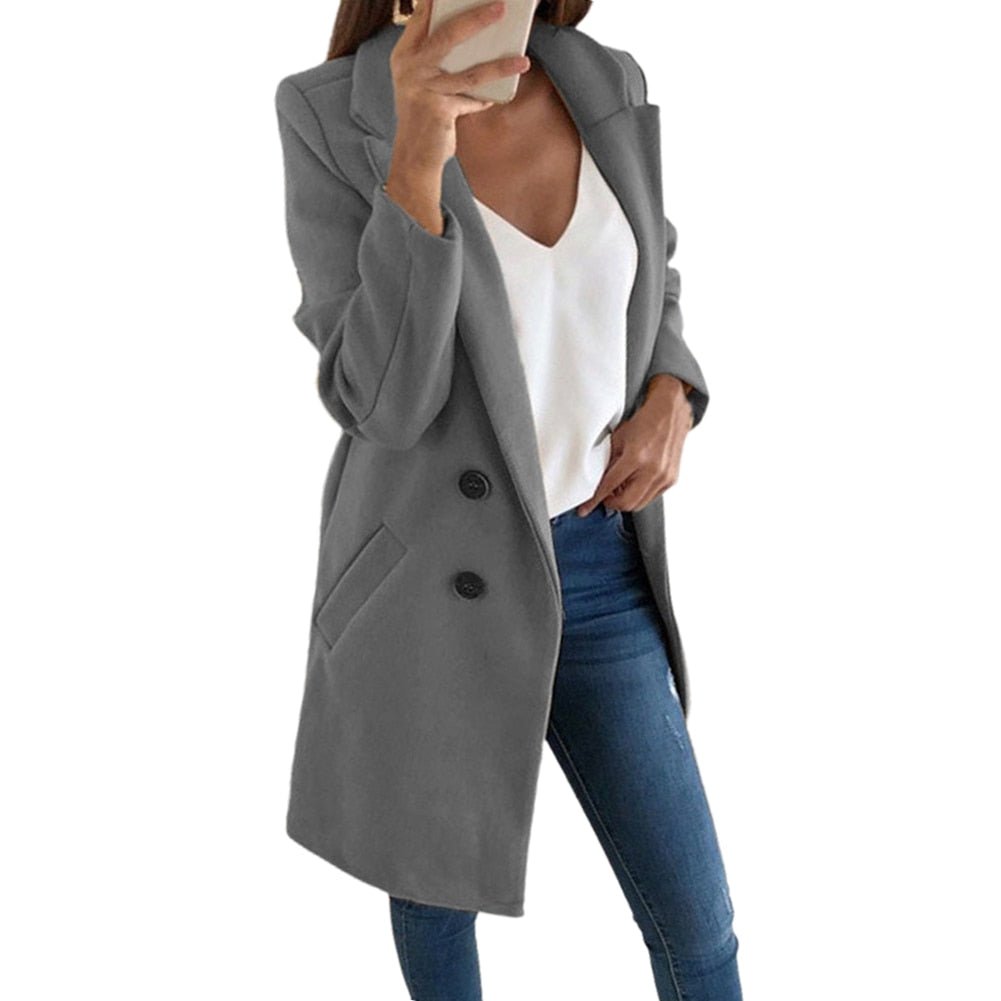 Women's Blazer Coat – Tailored Fit – Wool Blend – Double-Breasted – Knee-Length