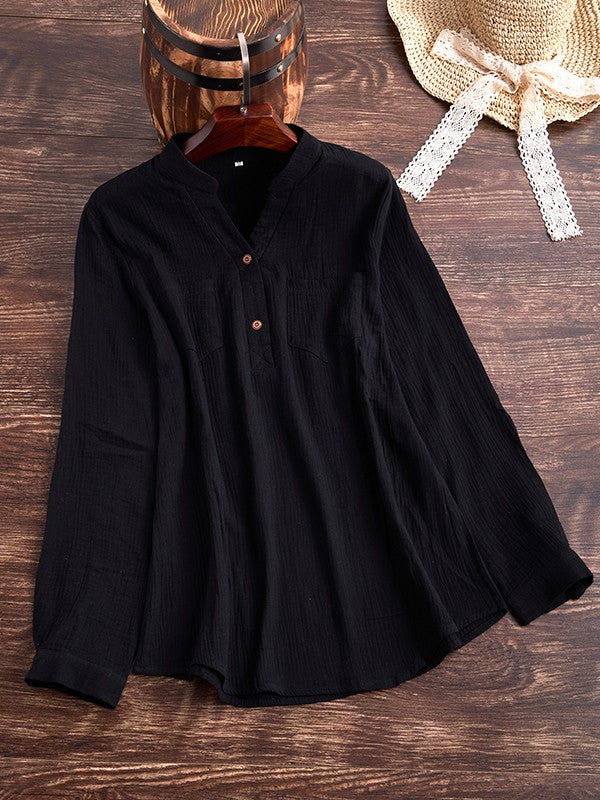 Women's Blouse – Relaxed Fit – Long Sleeve – Crinkled Breathable Fabric – Chest Pockets