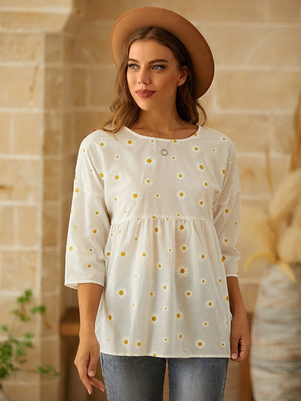 Women's Top – Relaxed Fit – Floral Pattern – Short Sleeve – Breathable Fabric