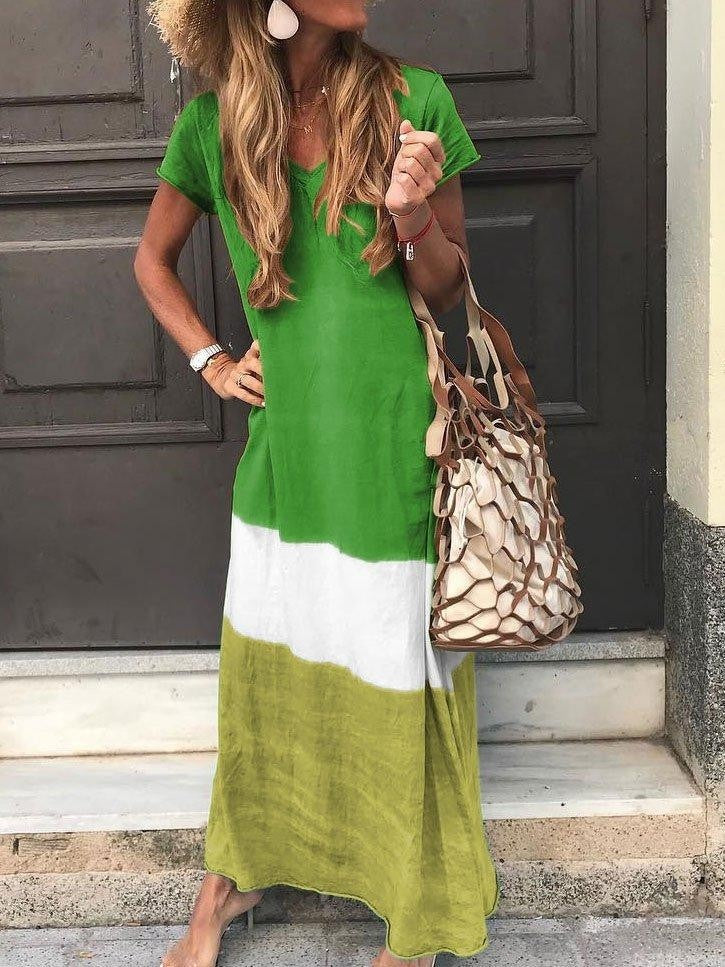 Dress for Women – Maxi Dress – Relaxed Fit – V-Neck – Short Sleeve – Breathable Fabric – Striped Patchwork