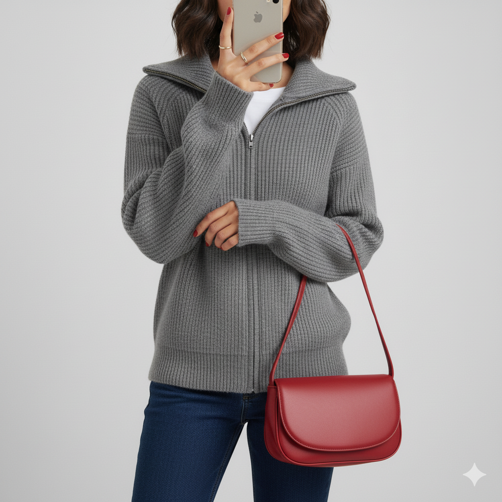 Women's Cardigan – Fitted Fit – Ribbed Knit Wool – High Collar – Zipper Closure