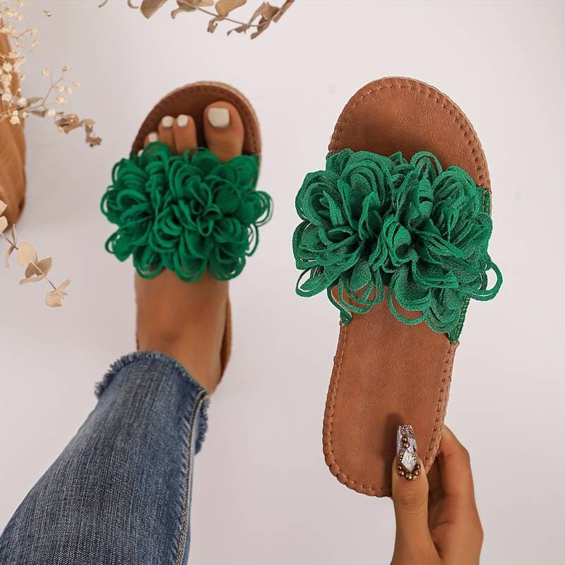 Women's Sandals - Comfortable Flat Sole - Floral Decoration - Casual and Stylish Design