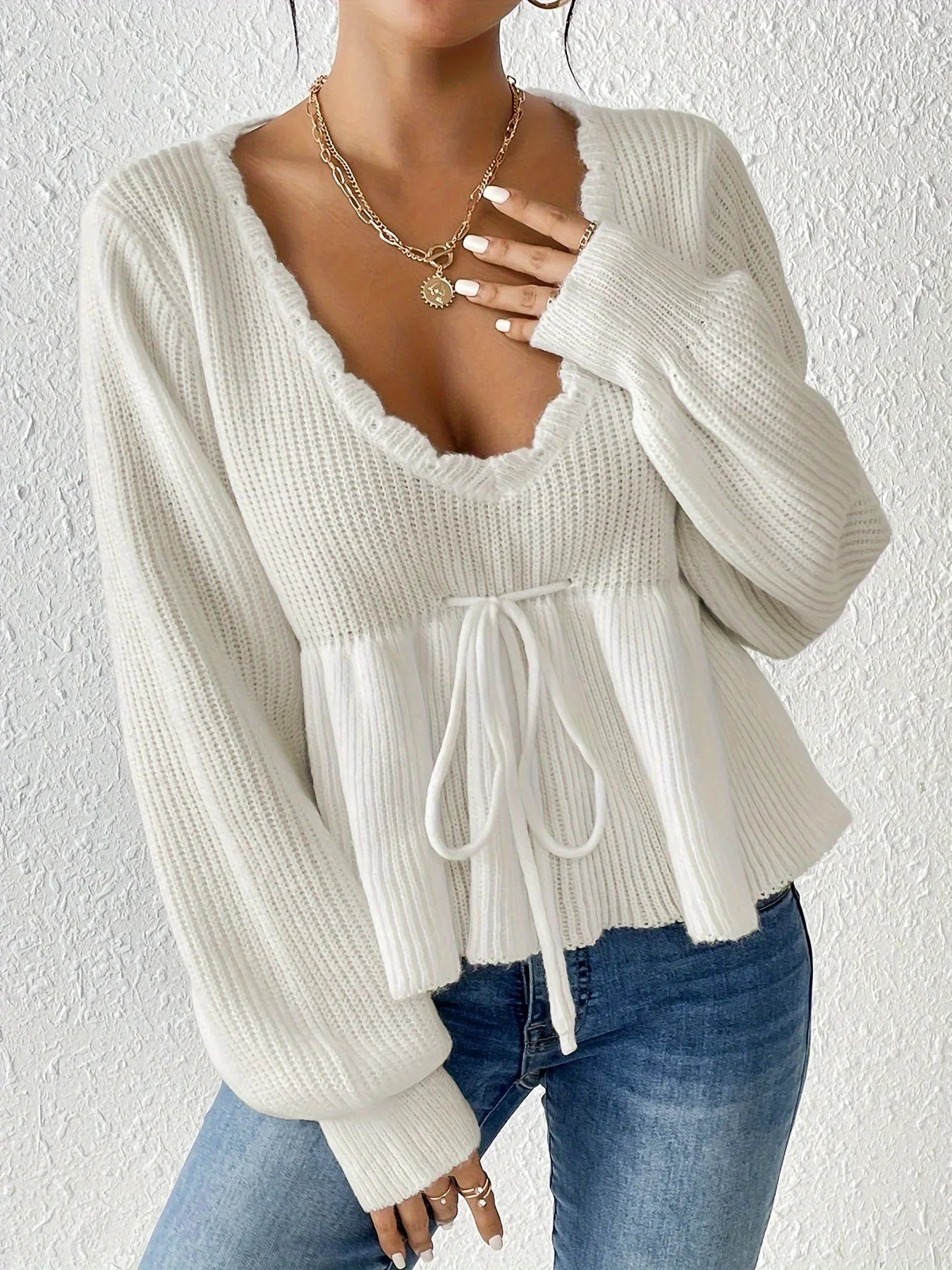 Women's Sweater – Ribbed Knit – Relaxed Fit – Drawstring Waist – Ruffle Hem