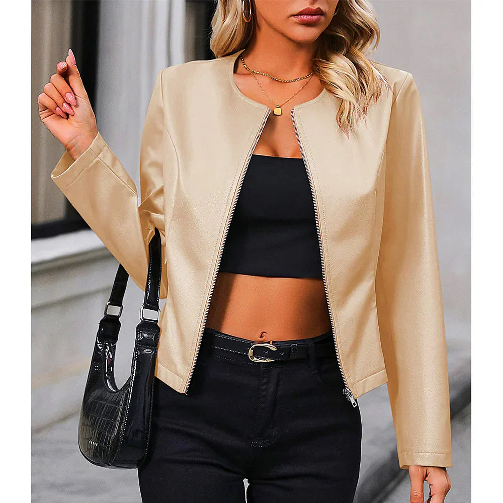 Women's Biker Jacket – Slim Fit – Leather Look – Short Length – Minimalist Design