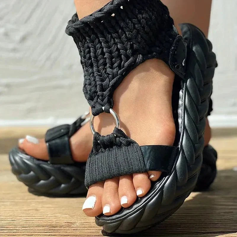 Women's Sandals – Knitted Upper – Adjustable Fit – Extra Thick Sole – Trendy Design