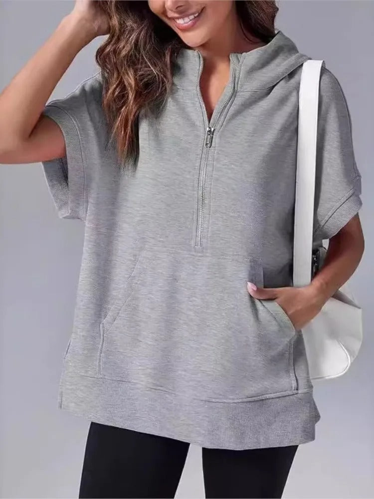 Women's Hoodie with Short Sleeves – Relaxed Fit – Cotton Blend – Zipper Neck – Kangaroo Pocket