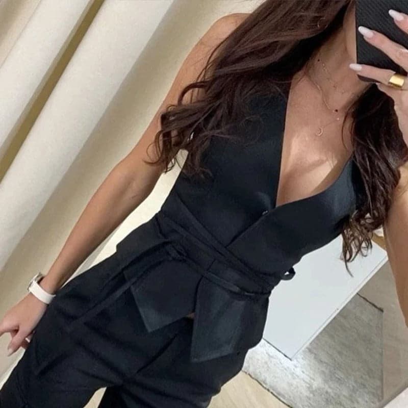 Women's Blouse - Sleeveless with Deep V-neck - Tailored Fit - Fabric Belt at Waist