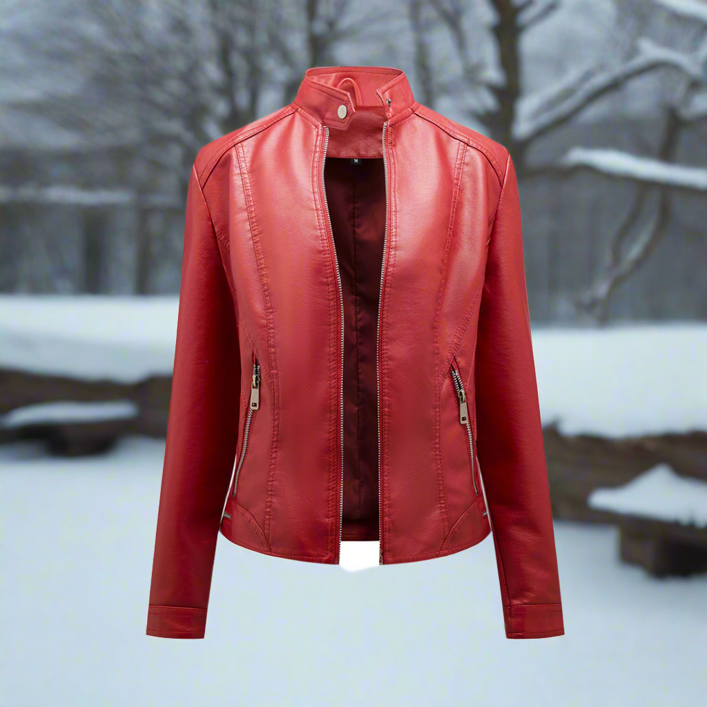 Women's Leather Jacket - Biker Style - Zipper Closure - Stand Collar - Slim Fit