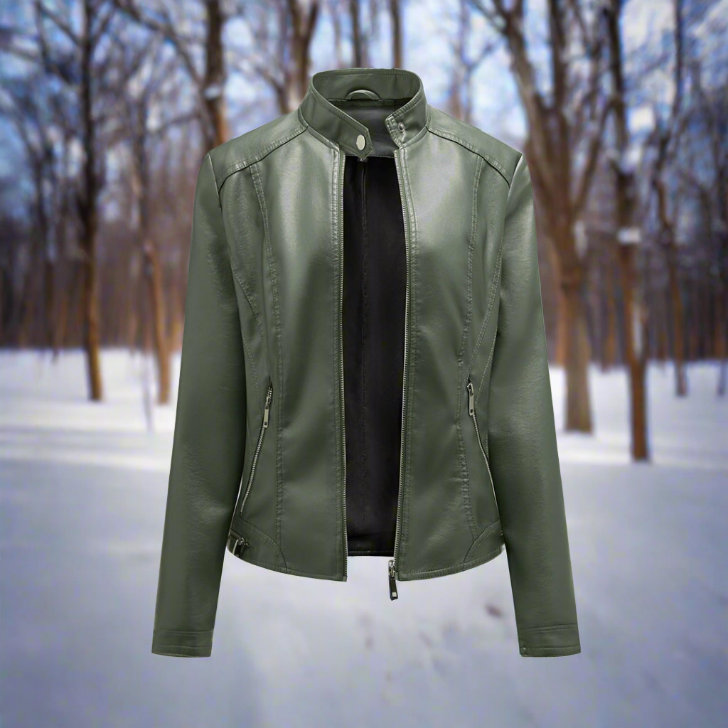 Women's Leather Jacket - Biker Style - Zipper Closure - Stand Collar - Slim Fit