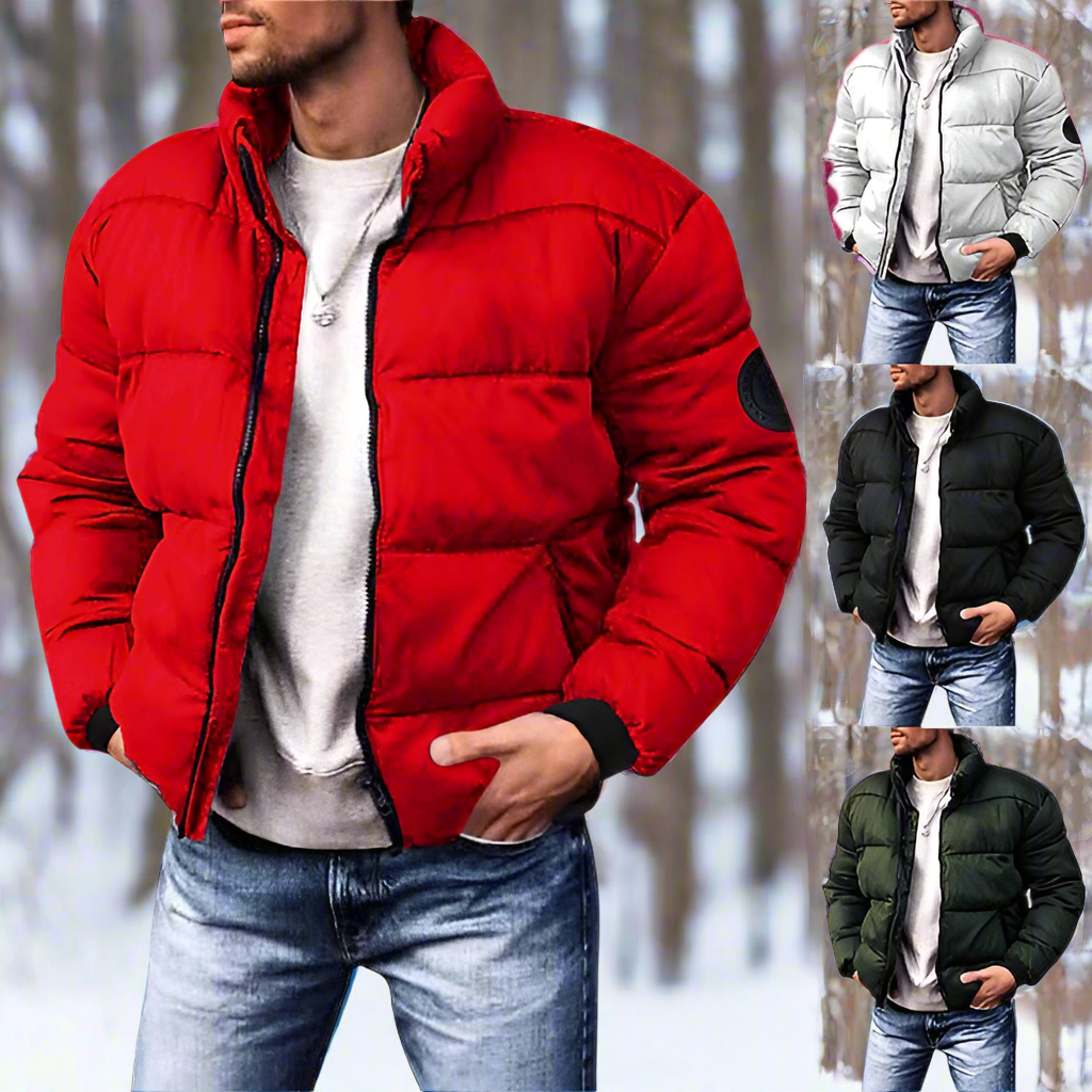 Men's Puffer Jacket - Quilted Design - High Collar - Zipper Closure - Pockets
