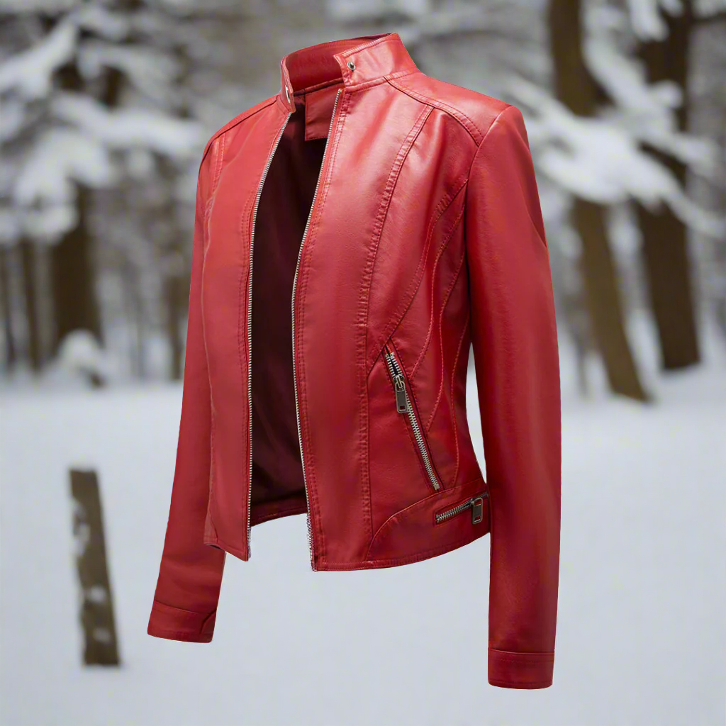 Women's Leather Jacket - Biker Style - Zipper Closure - Stand Collar - Slim Fit