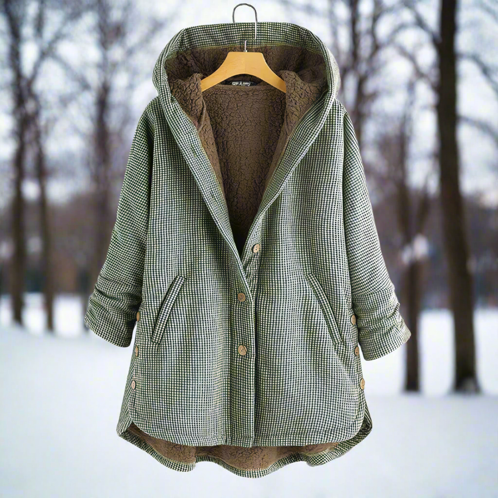 Women's Coat - Checked Wool Blend - Hood and Soft Lining - Oversized Fit - Button Closure
