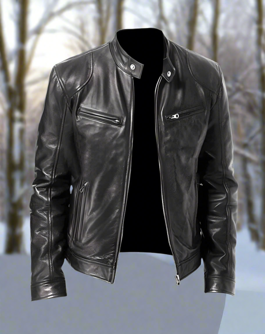Men's Leather Jacket – Slim Fit – Stand Collar with Snap Button – Zipper Pockets – Timeless Style