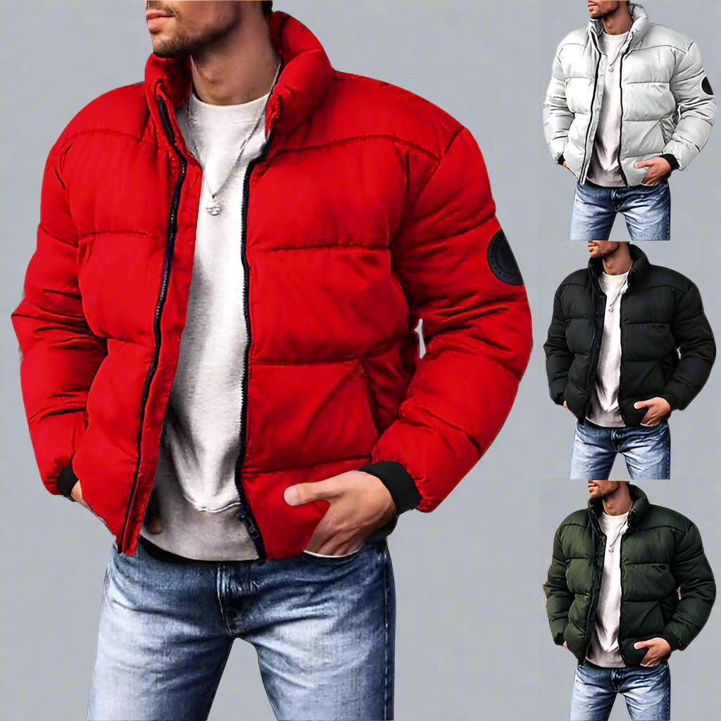 Men's Puffer Jacket - Quilted Design - High Collar - Zipper Closure - Pockets